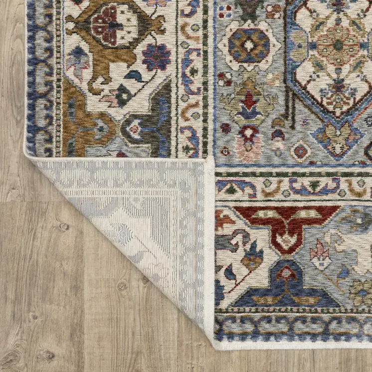 8' Blue And Gray Oriental Runner Rug With Fringe