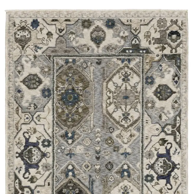 8' Ivory And Blue Oriental Runner Rug With Fringe
