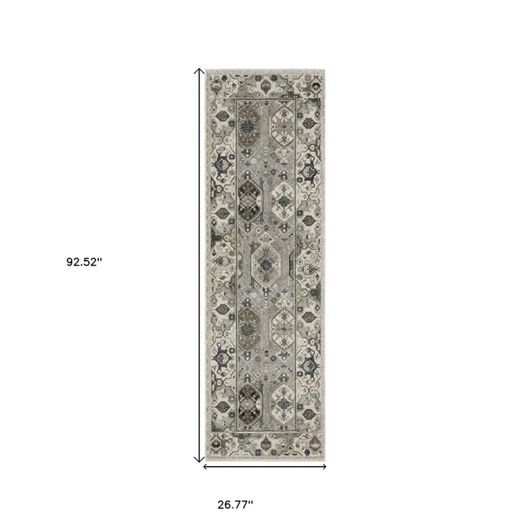 8' Ivory And Blue Oriental Runner Rug With Fringe