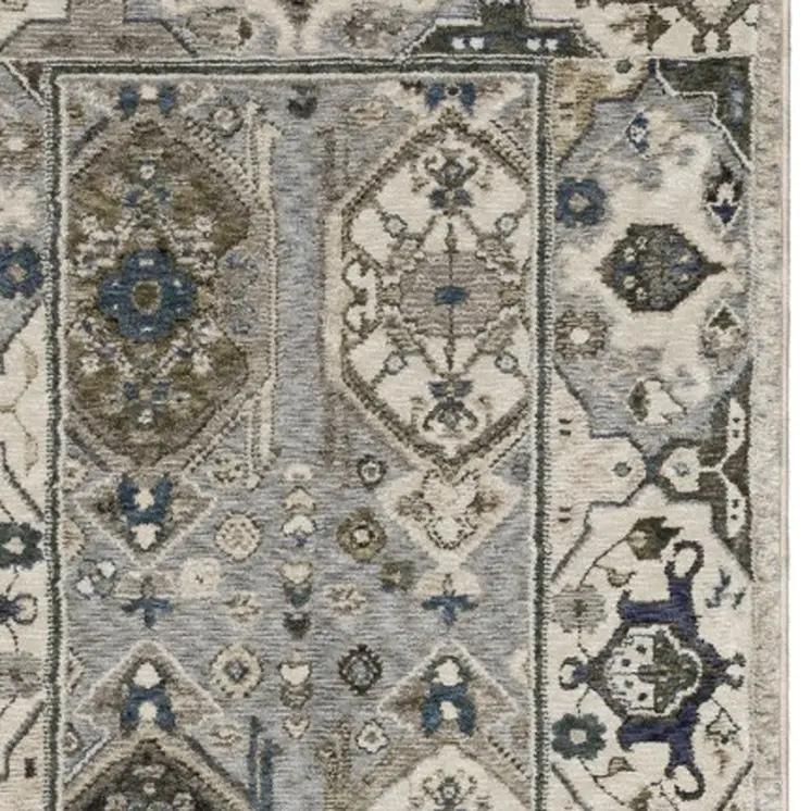 8' Ivory And Blue Oriental Runner Rug With Fringe