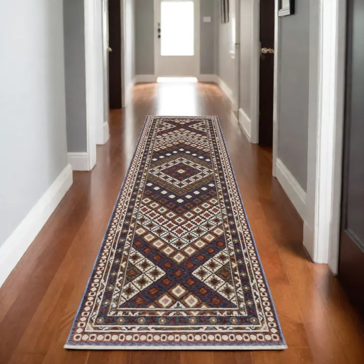 8' Blue Red And Ivory Diamond Runner Rug With Fringe