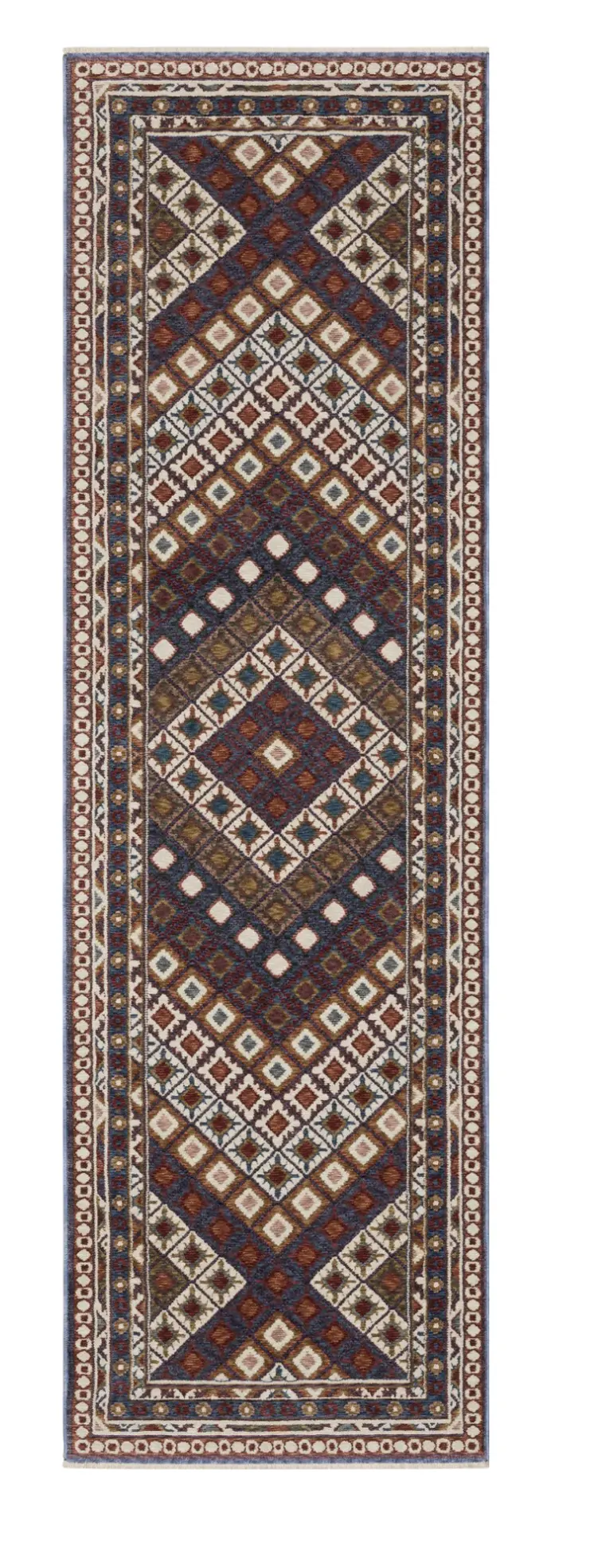 8' Blue Red And Ivory Diamond Runner Rug With Fringe