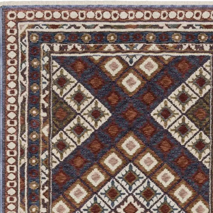 8' Blue Red And Ivory Diamond Runner Rug With Fringe