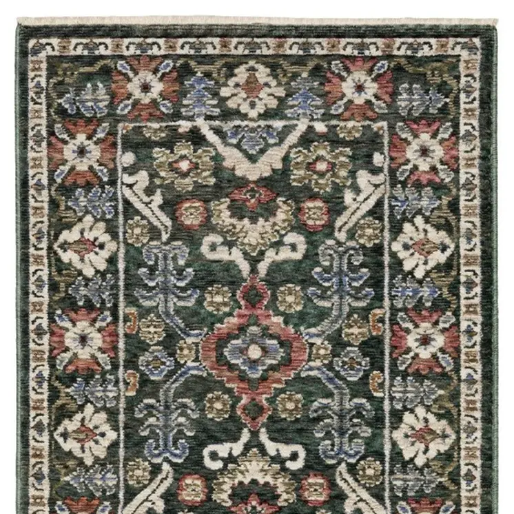 8' Green And Pink Floral Runner Rug With Fringe