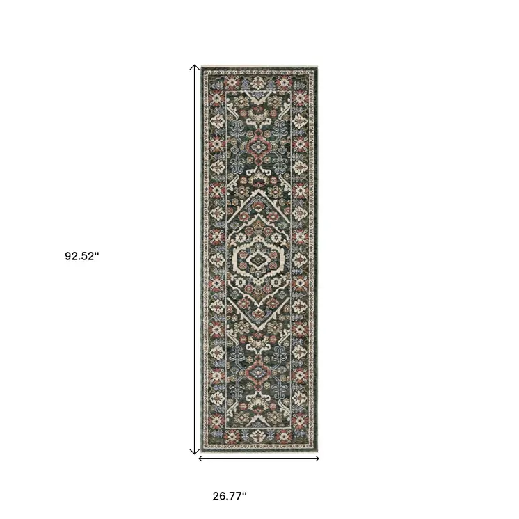 8' Green And Pink Floral Runner Rug With Fringe