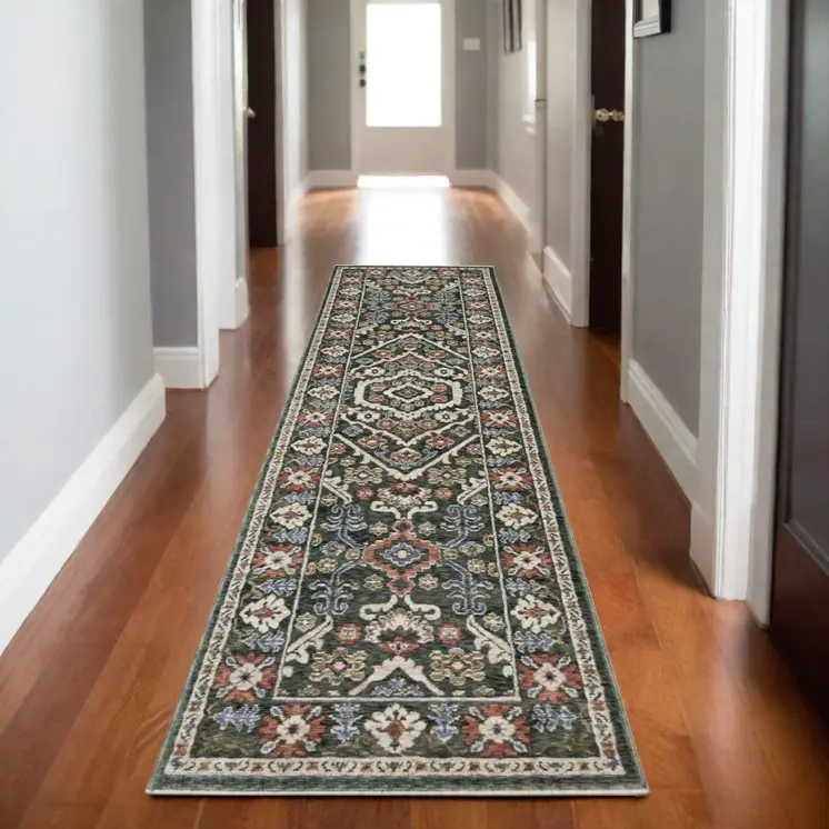 8' Green And Pink Floral Runner Rug With Fringe