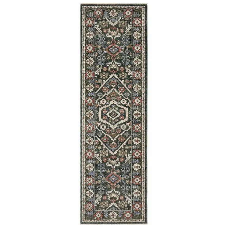 8' Green And Pink Floral Runner Rug With Fringe