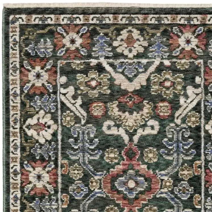 8' Green And Pink Floral Runner Rug With Fringe