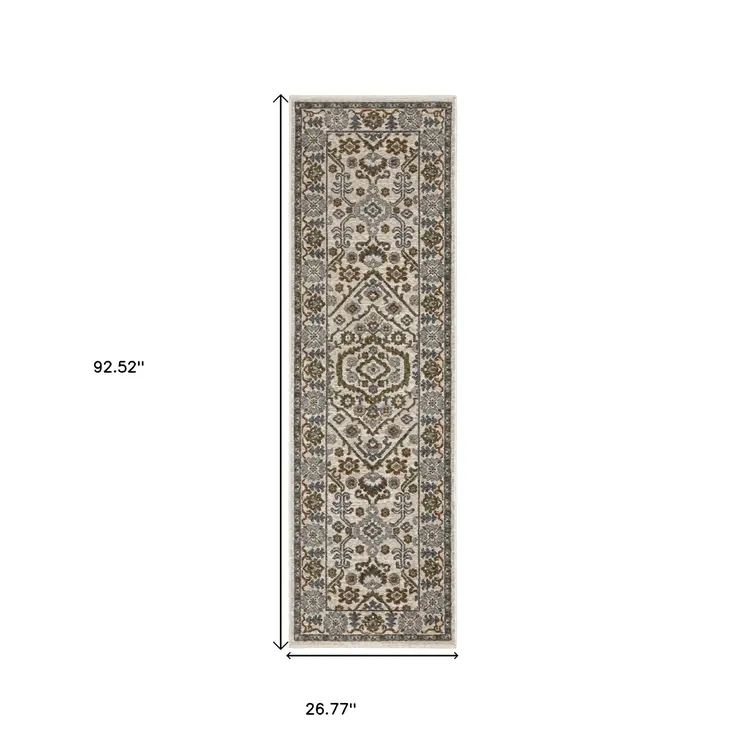 8' Ivory And Rust Floral Runner Rug With Fringe
