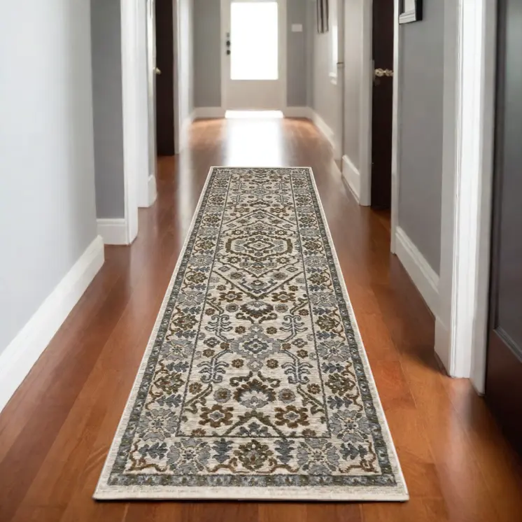 8' Ivory And Rust Floral Runner Rug With Fringe