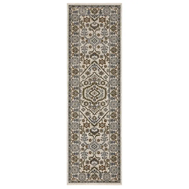 8' Ivory And Rust Floral Runner Rug With Fringe