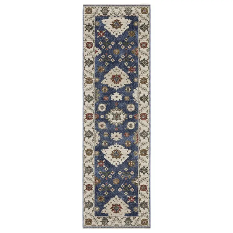 8' Blue And Ivory Floral Runner Rug With Fringe