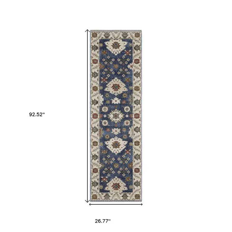 8' Blue And Ivory Floral Runner Rug With Fringe