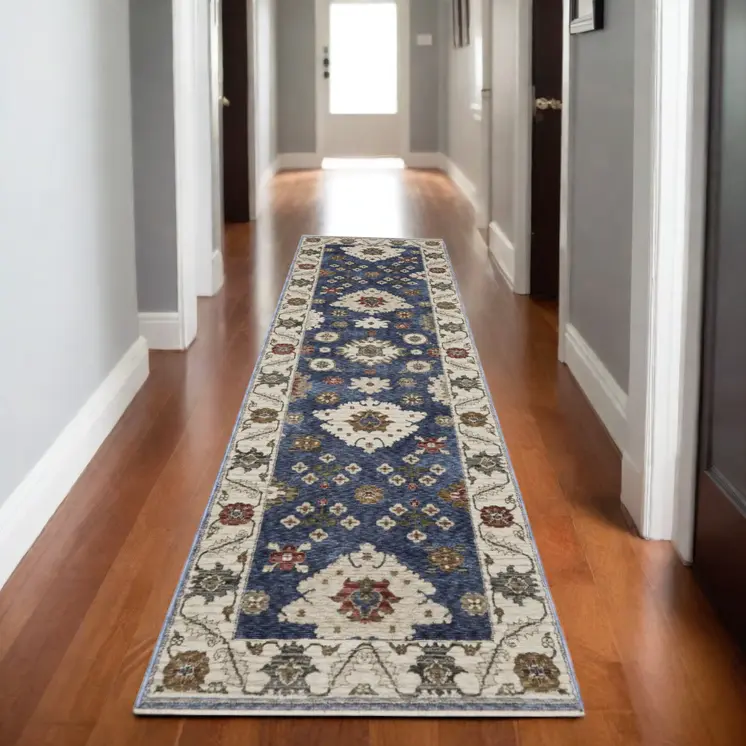 8' Blue And Ivory Floral Runner Rug With Fringe