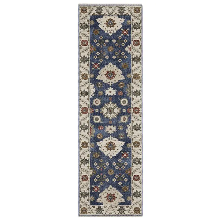 8' Blue And Ivory Floral Runner Rug With Fringe
