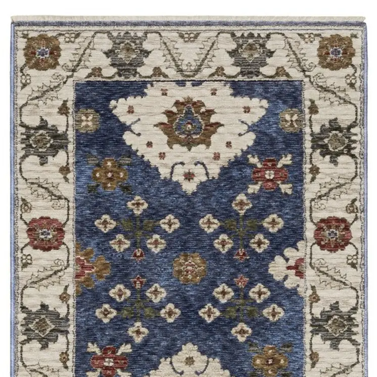 8' Blue And Ivory Floral Runner Rug With Fringe