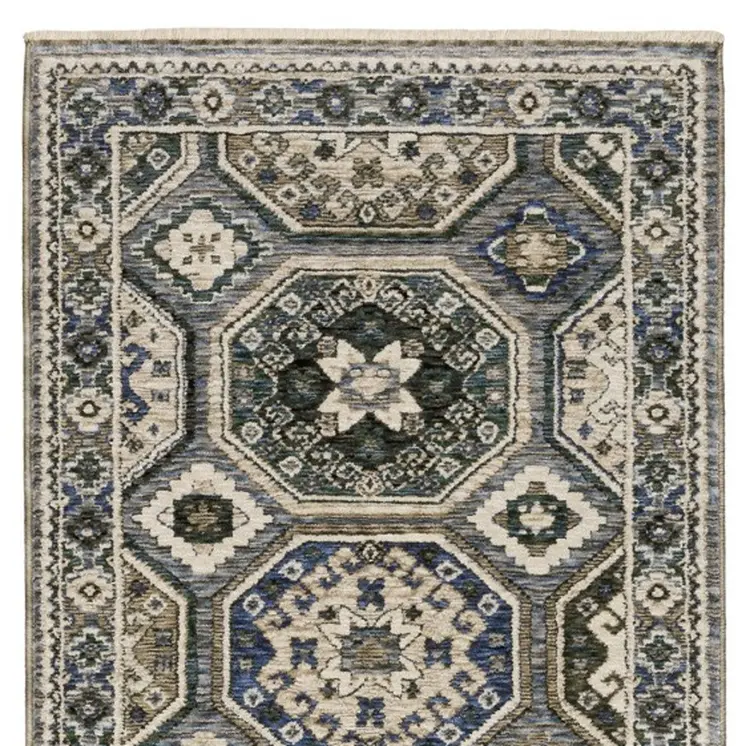 8' Ivory And Blue Medallion Runner Rug With Fringe