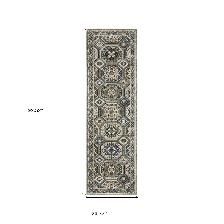 8' Ivory And Blue Medallion Runner Rug With Fringe