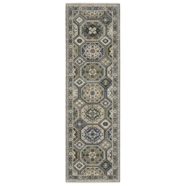 8' Ivory And Blue Medallion Runner Rug With Fringe