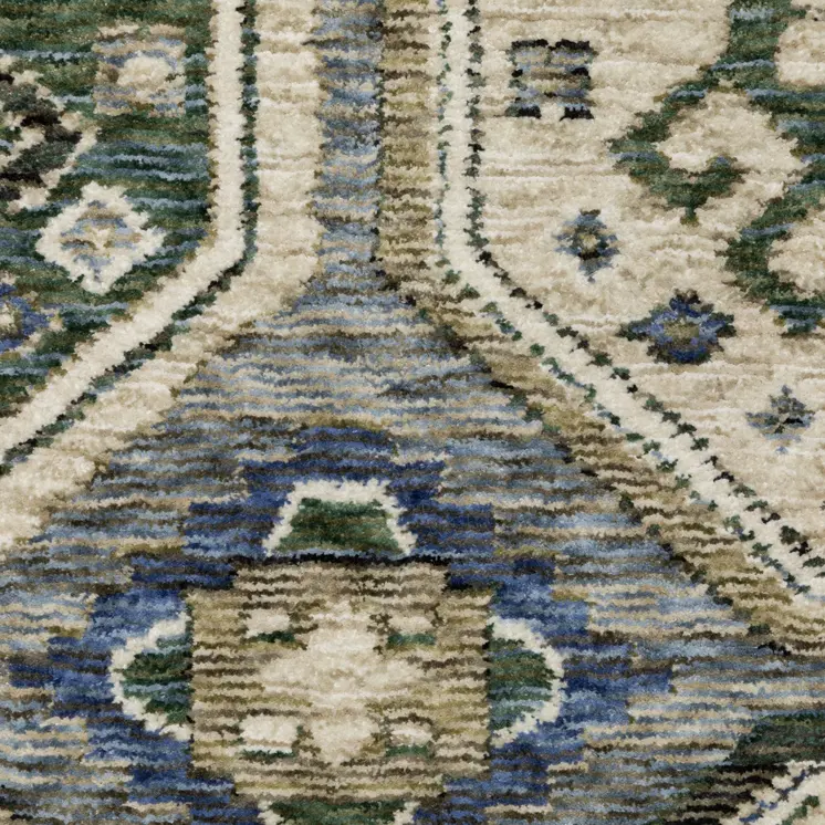 8' Ivory And Blue Medallion Runner Rug With Fringe