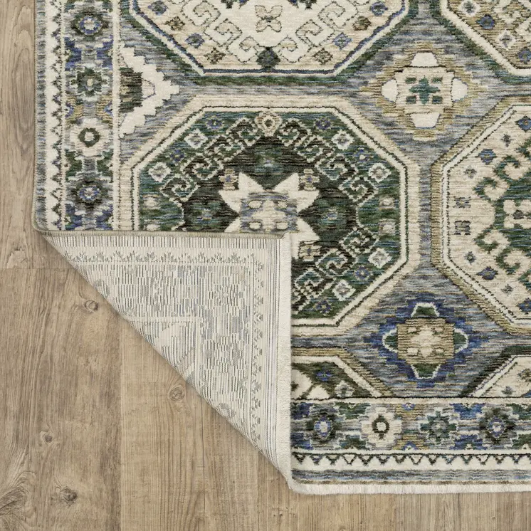 8' Ivory And Blue Medallion Runner Rug With Fringe