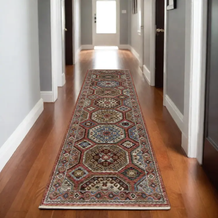 8' Pink And Red Medallion Runner Rug With Fringe