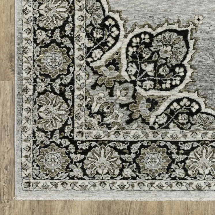 8' Gray And Black Medallion Runner Rug With Fringe