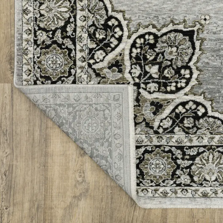 8' Gray And Black Medallion Runner Rug With Fringe