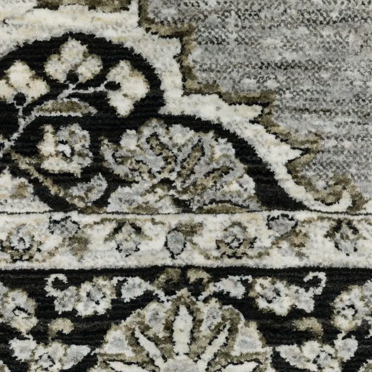 8' Gray And Black Medallion Runner Rug With Fringe