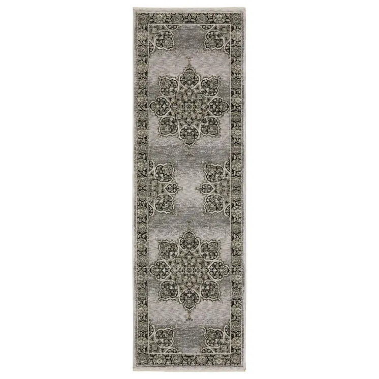 8' Gray And Black Medallion Runner Rug With Fringe