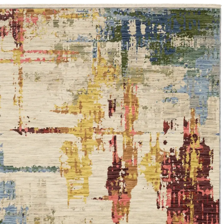 5' X 8' Beige Yellow And Salmon Abstract Area Rug With Fringe