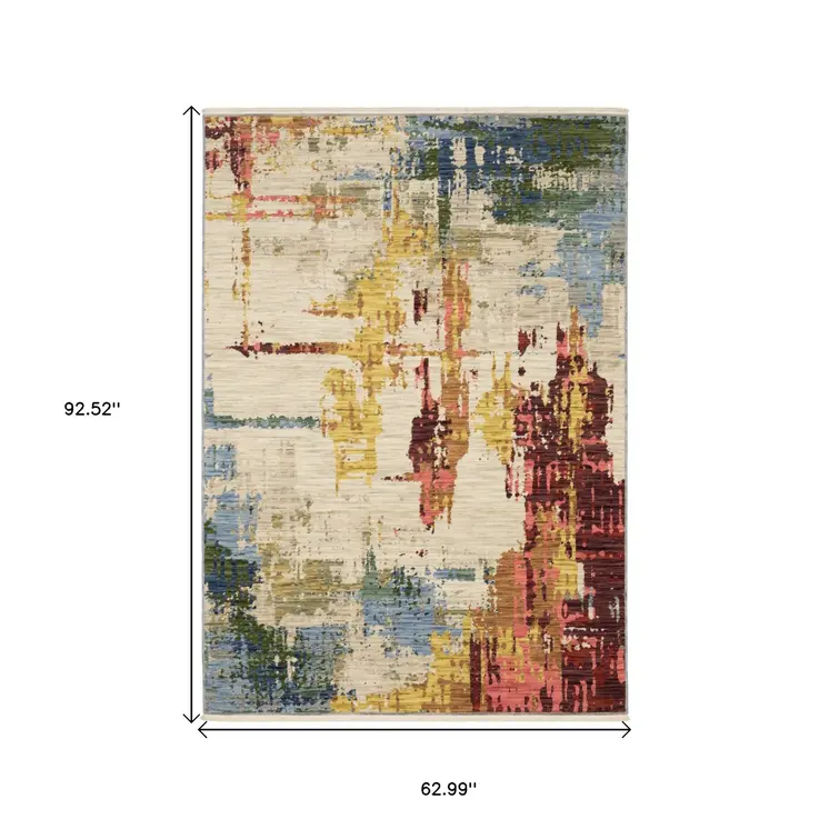 5' X 8' Beige Yellow And Salmon Abstract Area Rug With Fringe