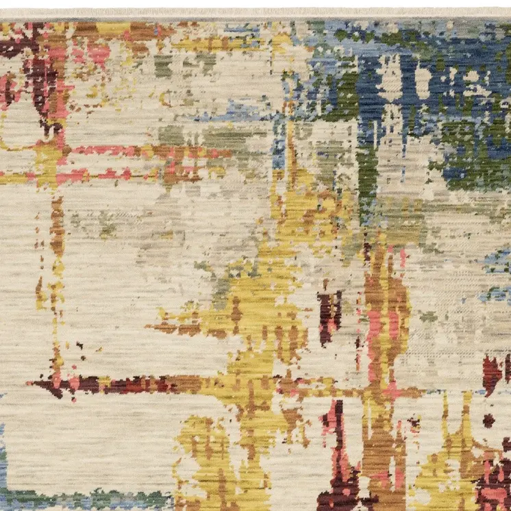 5' X 8' Beige Yellow And Salmon Abstract Area Rug With Fringe