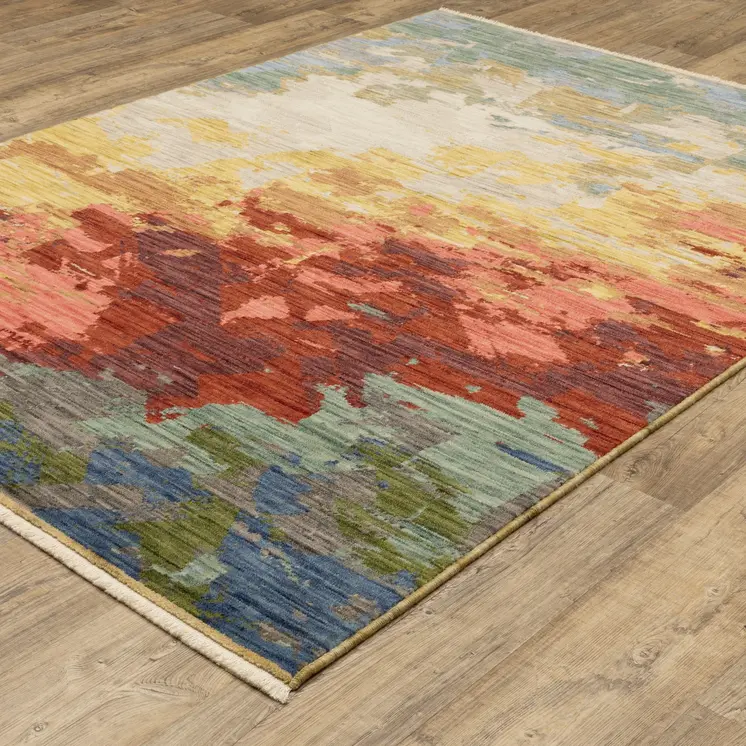 5' X 8' Beige Yellow And Rust Abstract Area Rug With Fringe
