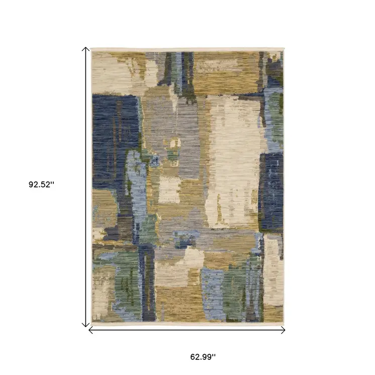 5' X 8' Blue And Green Abstract Area Rug With Fringe