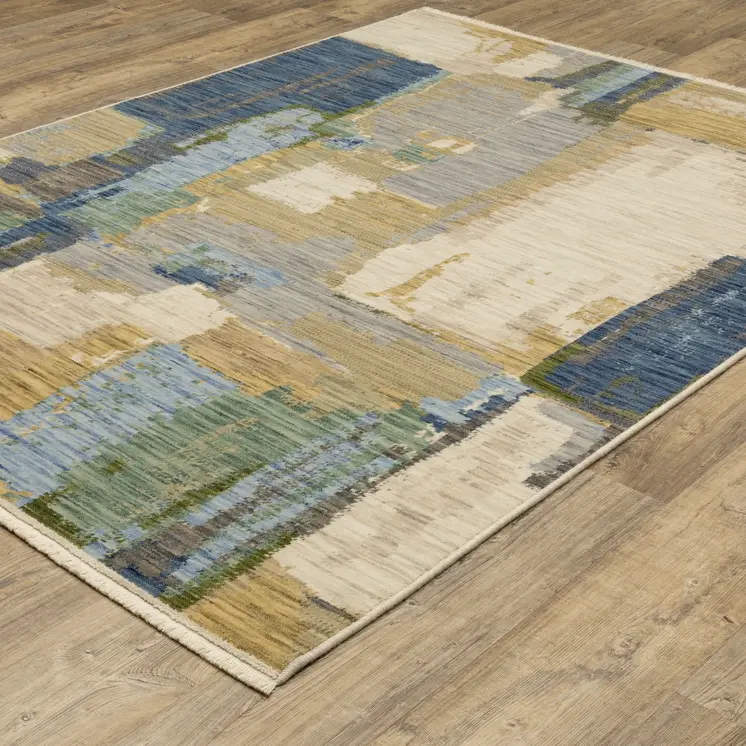5' X 8' Blue And Green Abstract Area Rug With Fringe
