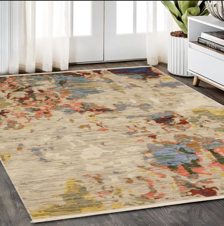 5' X 8' Beige Tan And Light Blue Abstract Area Rug With Fringe