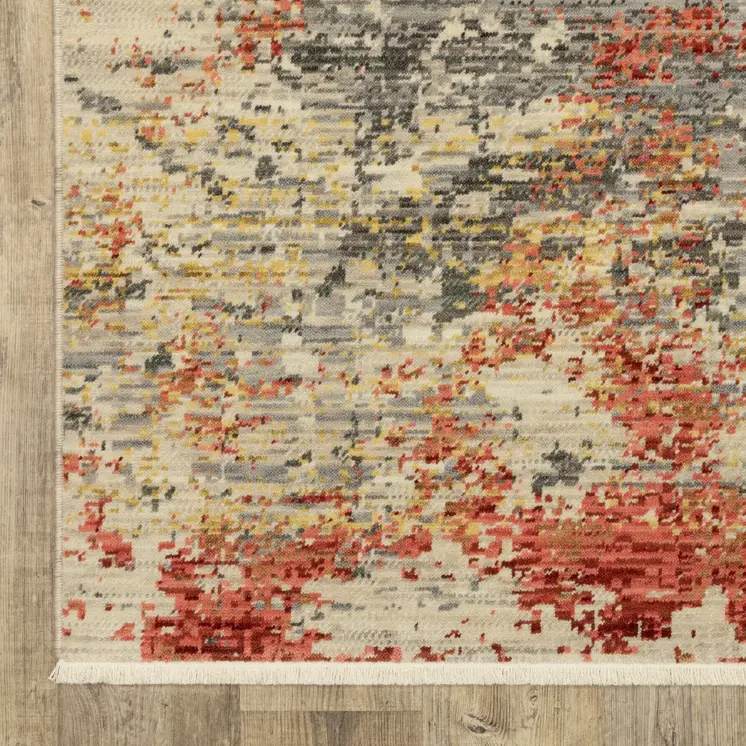5' X 8' Beige And Pink Abstract Area Rug With Fringe