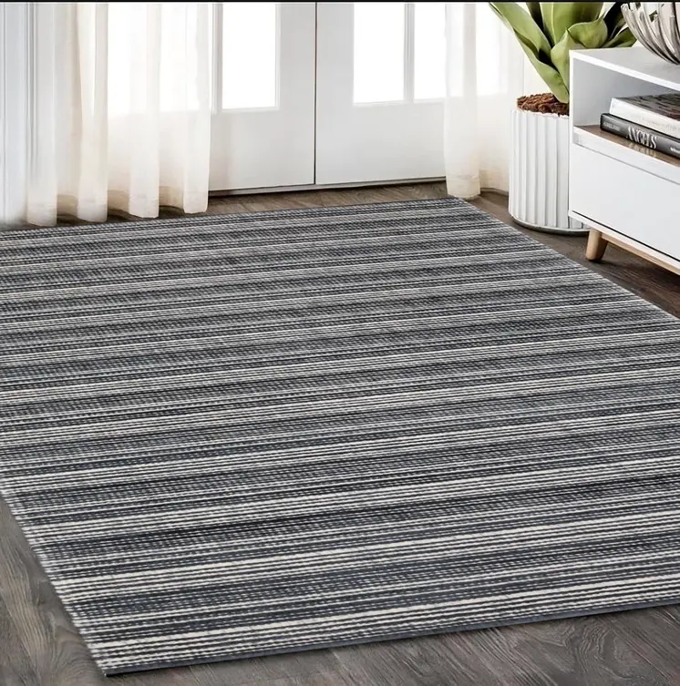 5' X 8' Black And Ivory Striped Hand Tufted Area Rug