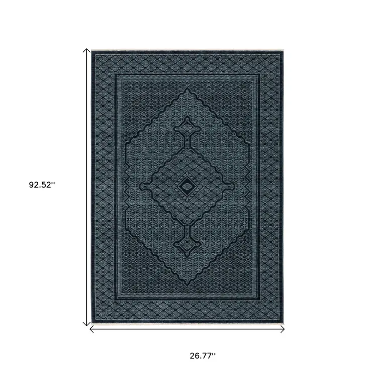 8' Blue And Teal Medallion Runner Rug With Fringe