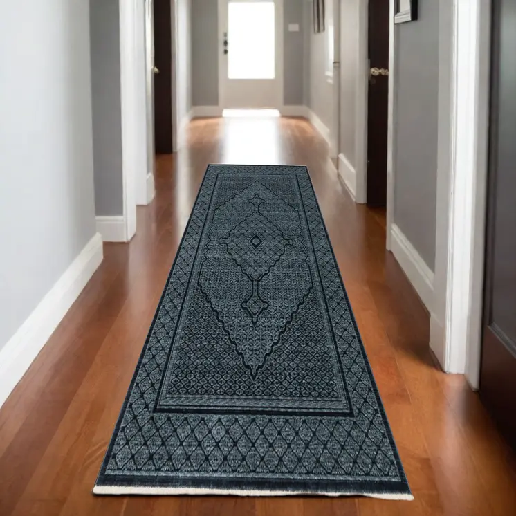 8' Blue And Teal Medallion Runner Rug With Fringe