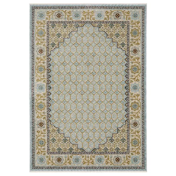 3' X 5' Blue And Gold Oriental Area Rug With Fringe