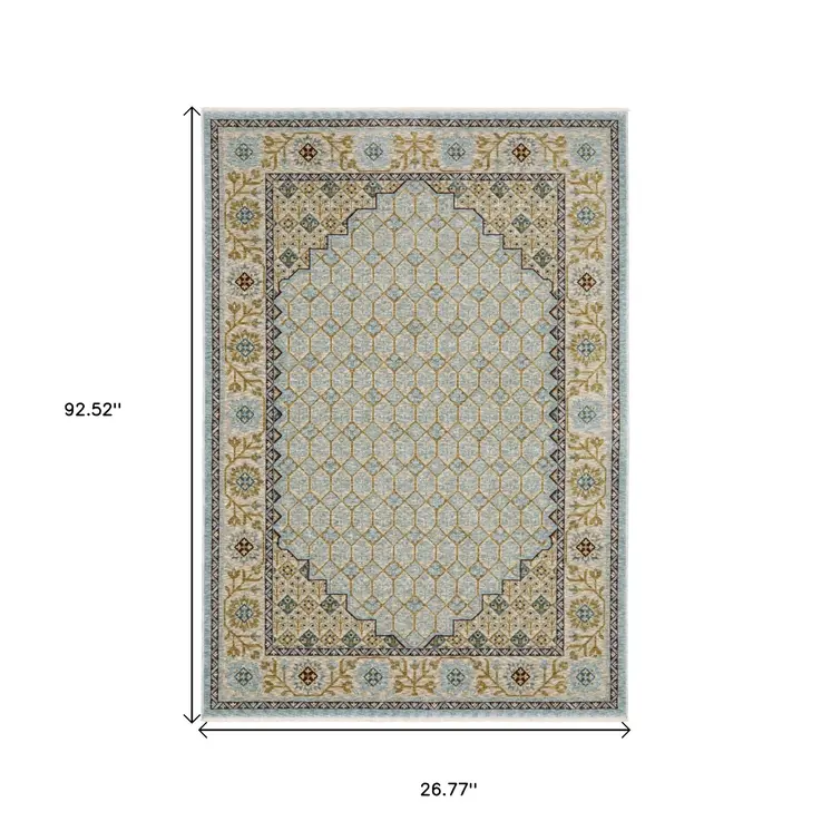 8' Blue And Gold Oriental Runner Rug With Fringe