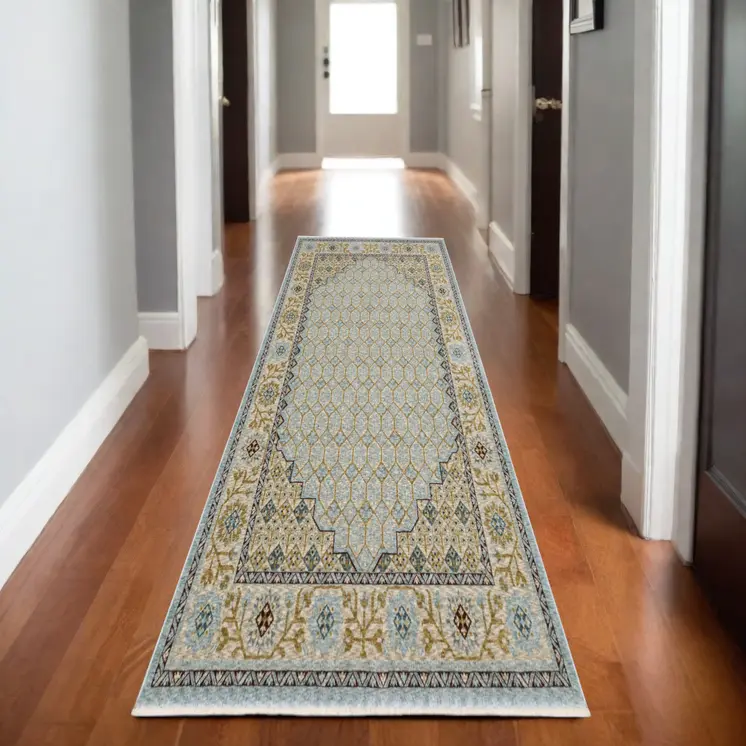 8' Blue And Gold Oriental Runner Rug With Fringe