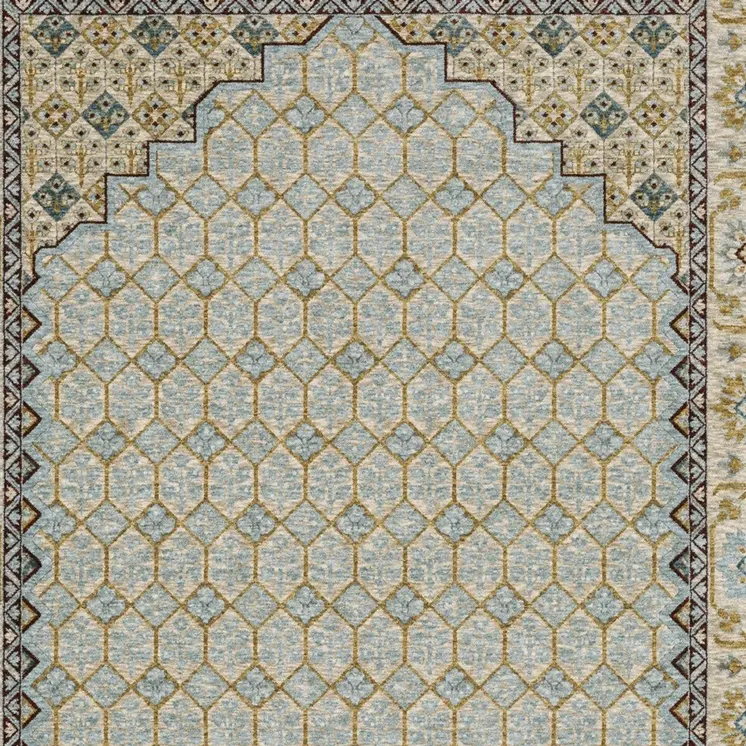 8' Blue And Gold Oriental Runner Rug With Fringe