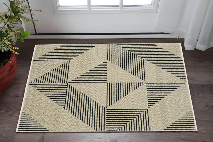 3' X 5' Beige Geometric Area Rug With Fringe