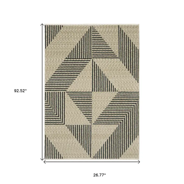 8' Beige Geometric Runner Rug With Fringe