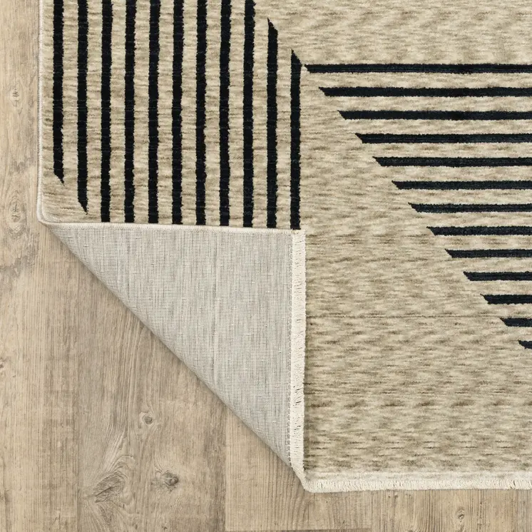 8' Beige Geometric Runner Rug With Fringe