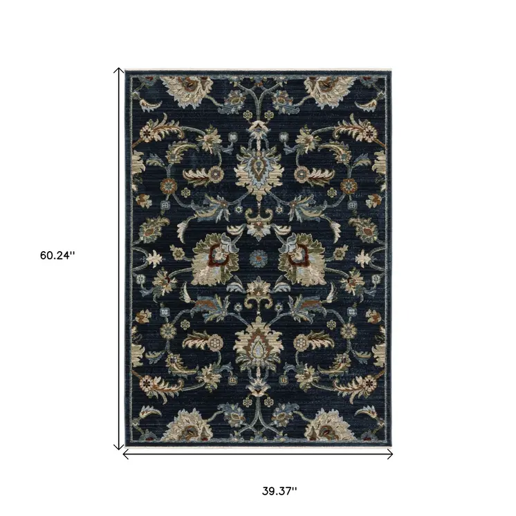 3' X 5' Navy Blue Tan And Teal Oriental Area Rug With Fringe