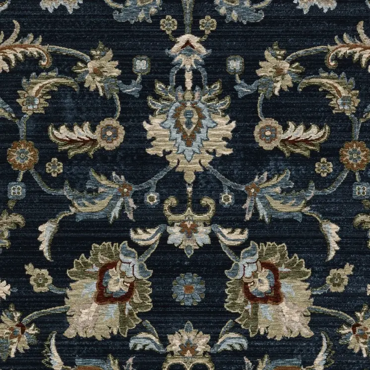 3' X 5' Navy Blue Tan And Teal Oriental Area Rug With Fringe
